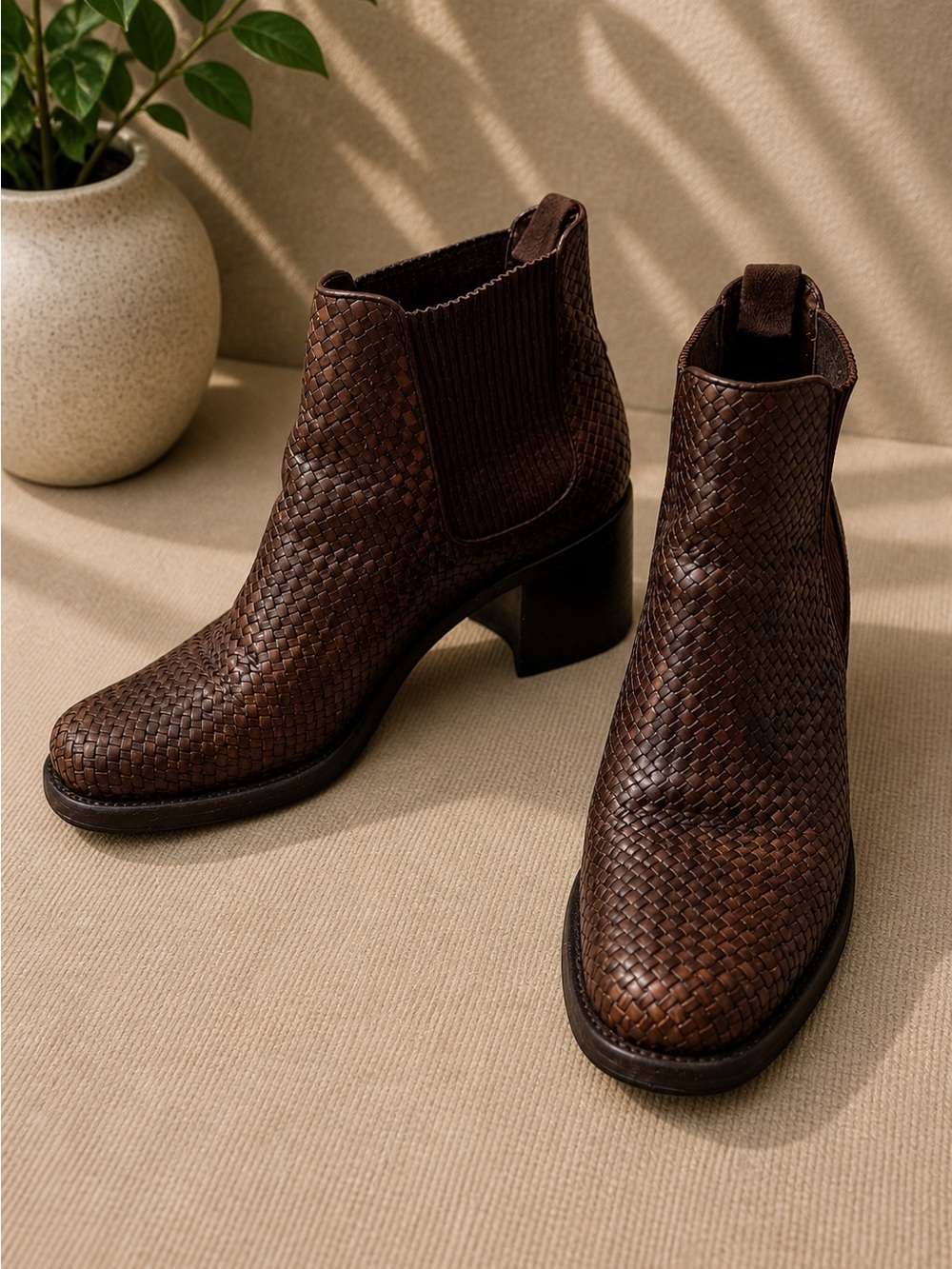 Cole Haan Woven Leather Ankle Boots Brown Chelsea Booties Womens 9B